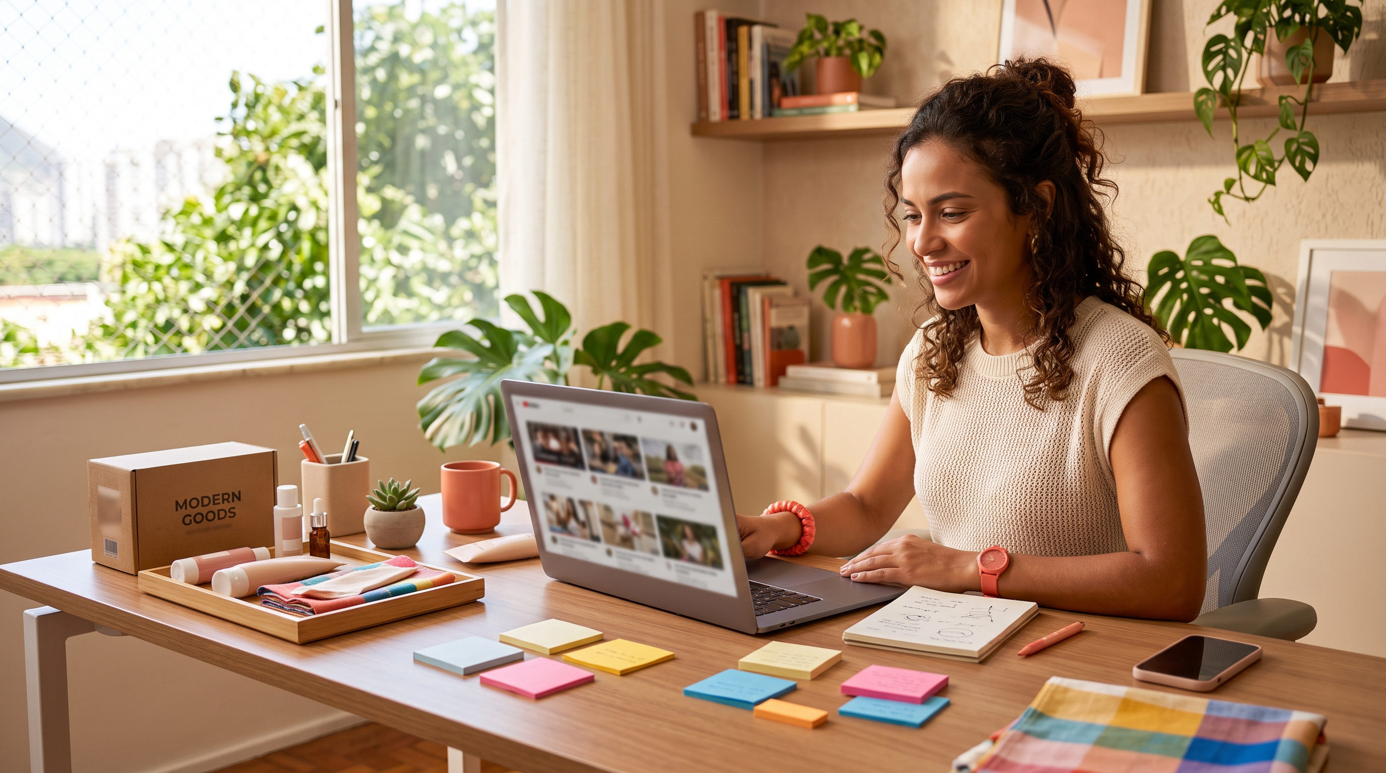 Gestora de e-commerce organizando criativos de Black Friday em laptop, planilha com variações de vídeo, mesa com produtos e post-its, paleta creme e coral, luz natural