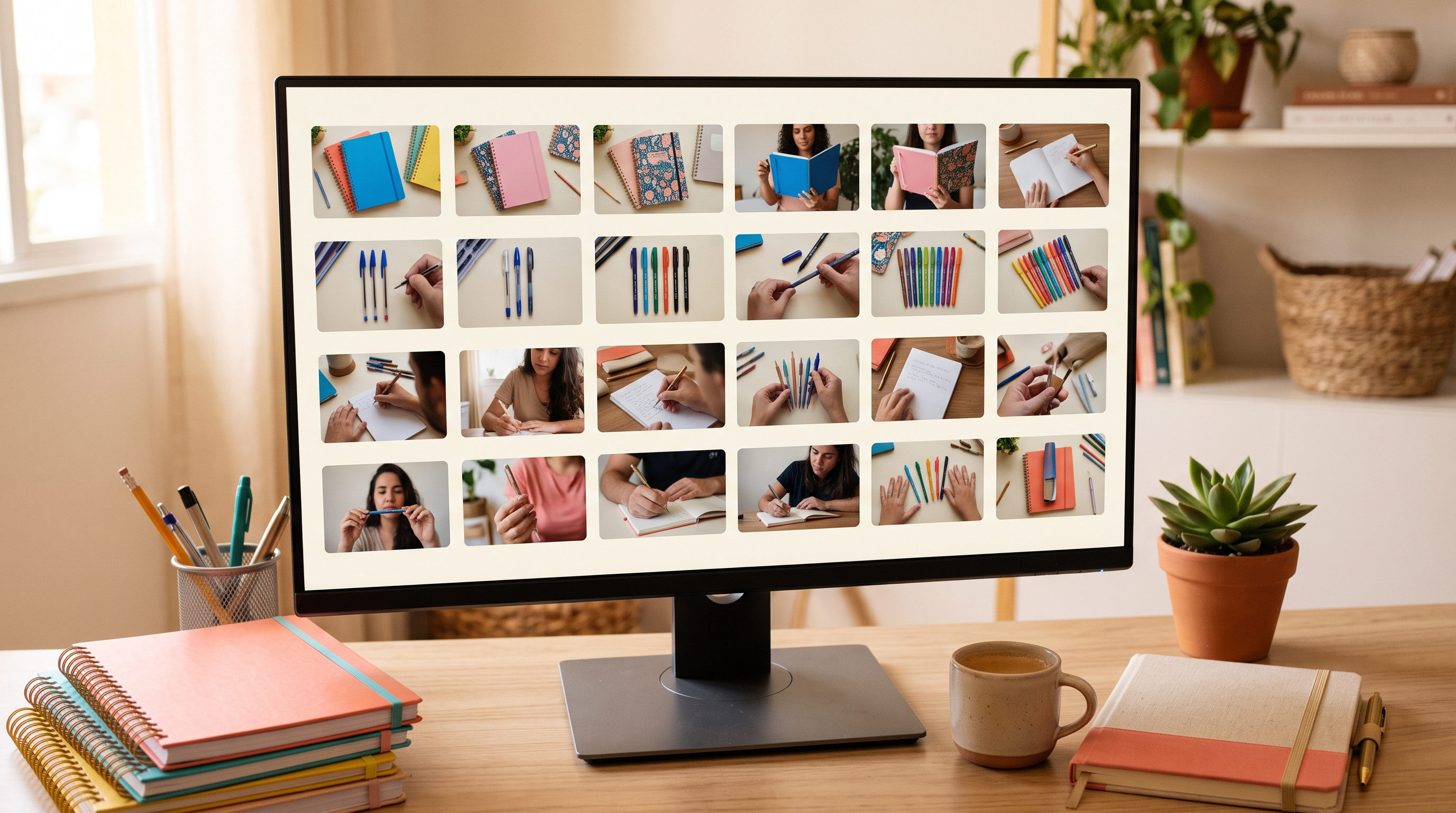 Grade de thumbnails de 50 criativos de vídeo UGC para Black Friday em monitor, organizados por produto e variação de hook, home office iluminado, paleta creme e coral