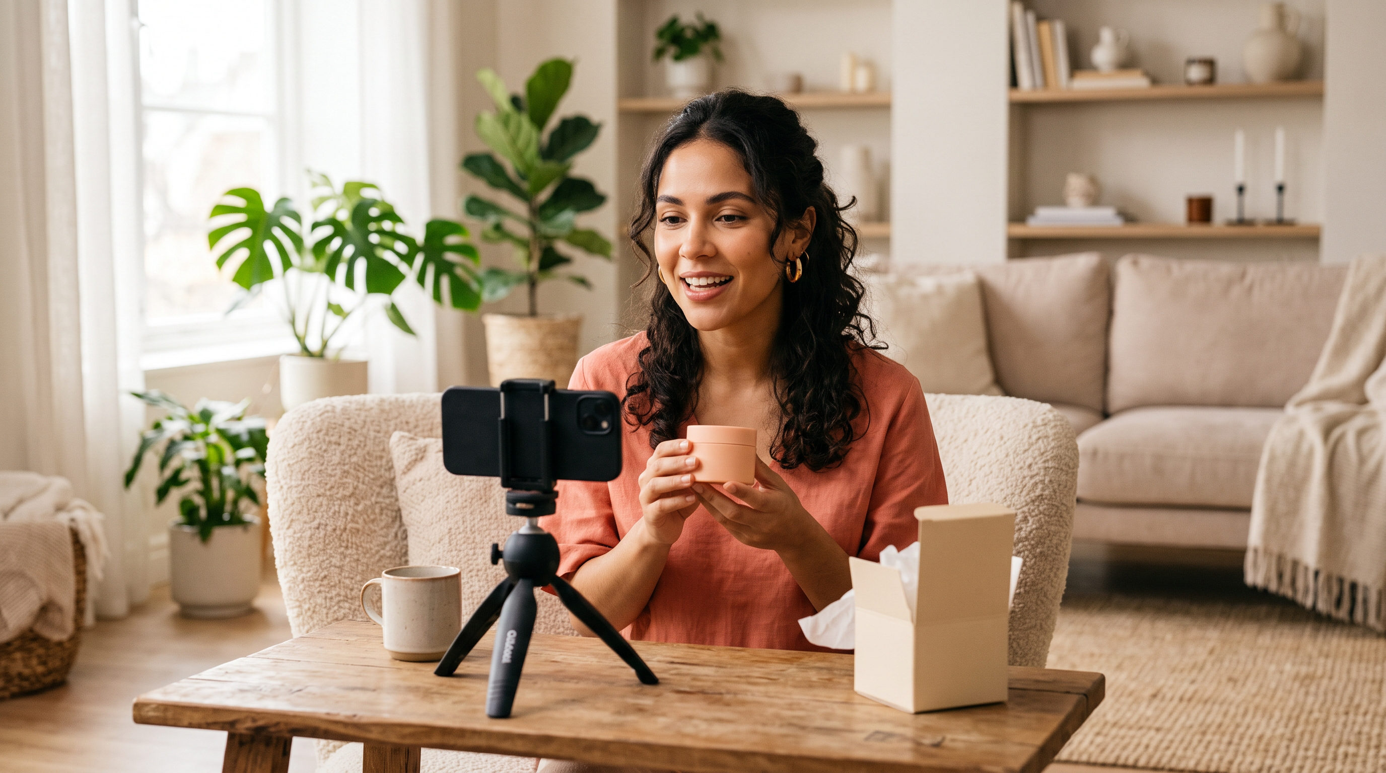 Criadora de conteúdo gravando vídeo UGC com celular em casa, luz natural, ambiente aconchegante