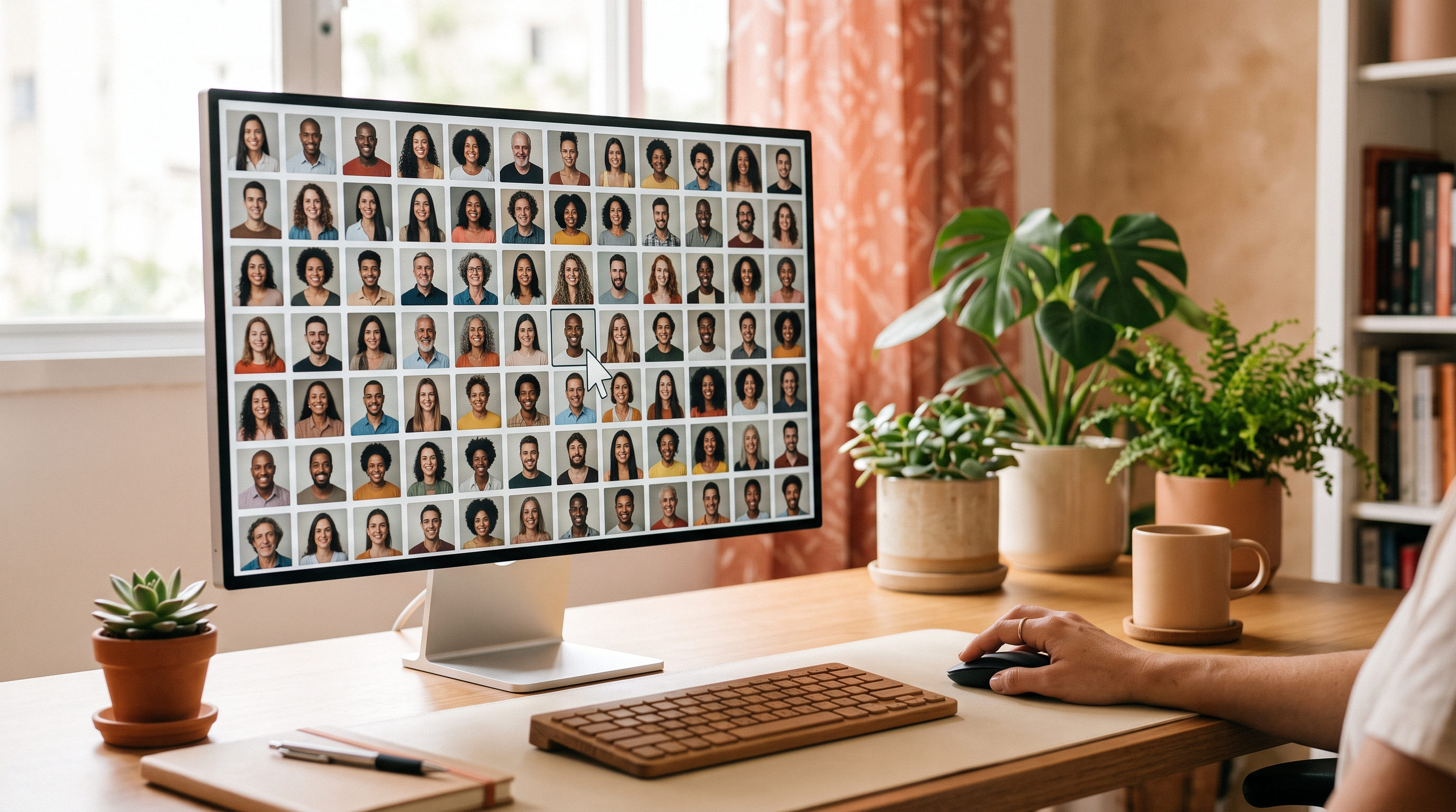 Seleção de perfil de ator virtual numa plataforma de geração de UGC, tela de computador com grade de avatares
