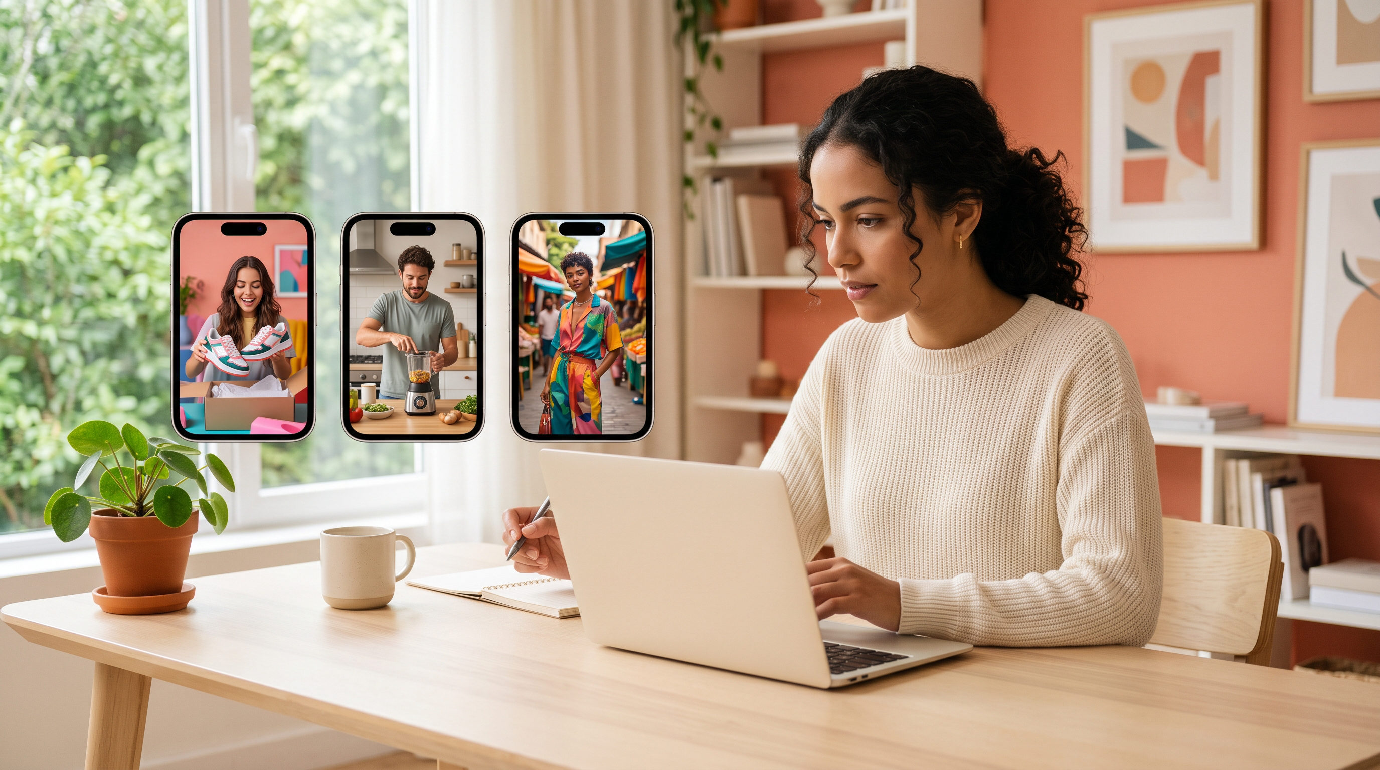 Três smartphones mostrando vídeos UGC gerados por IA para e-commerce brasileiro, profissional avaliando plataformas num laptop, luz natural suave