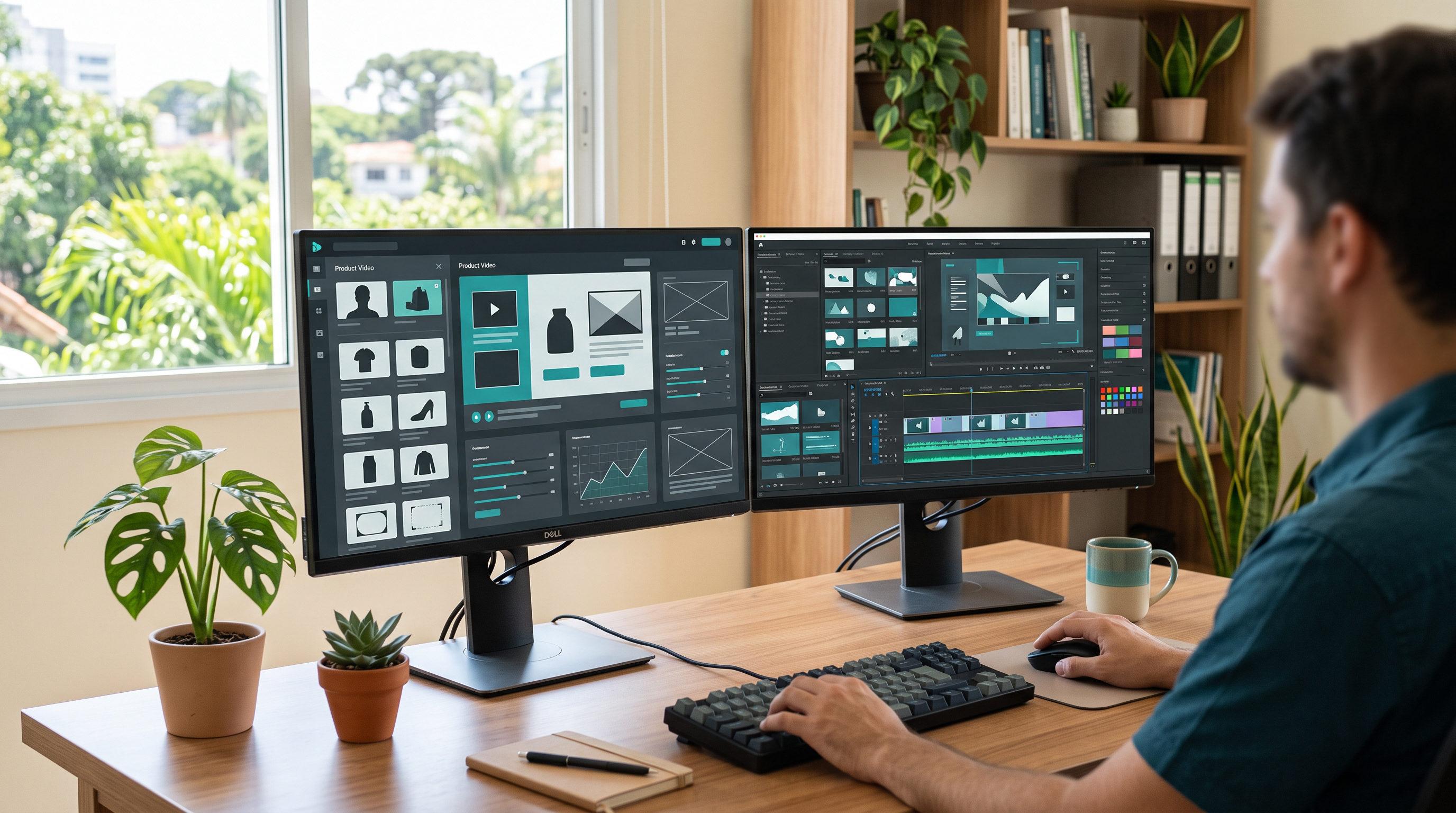 Interfaces de plataformas de geração de vídeo UGC com IA abertas no computador, vídeos de produto sendo configurados, ambiente de trabalho iluminado