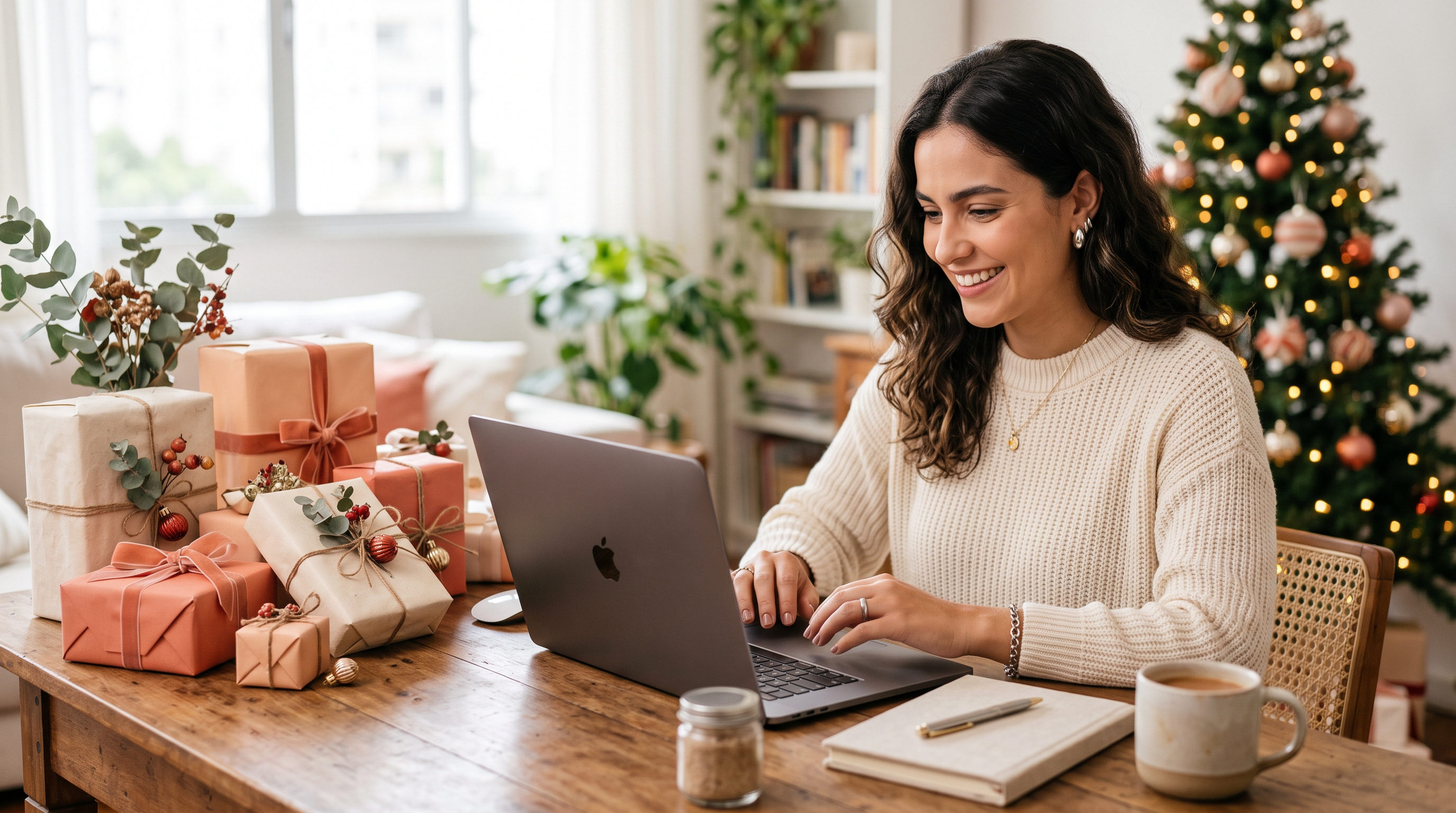 Gestora de e-commerce preparando criativos de Natal em laptop, mesa com produtos embalados para presente, paleta creme e coral, luz natural, sem texto
