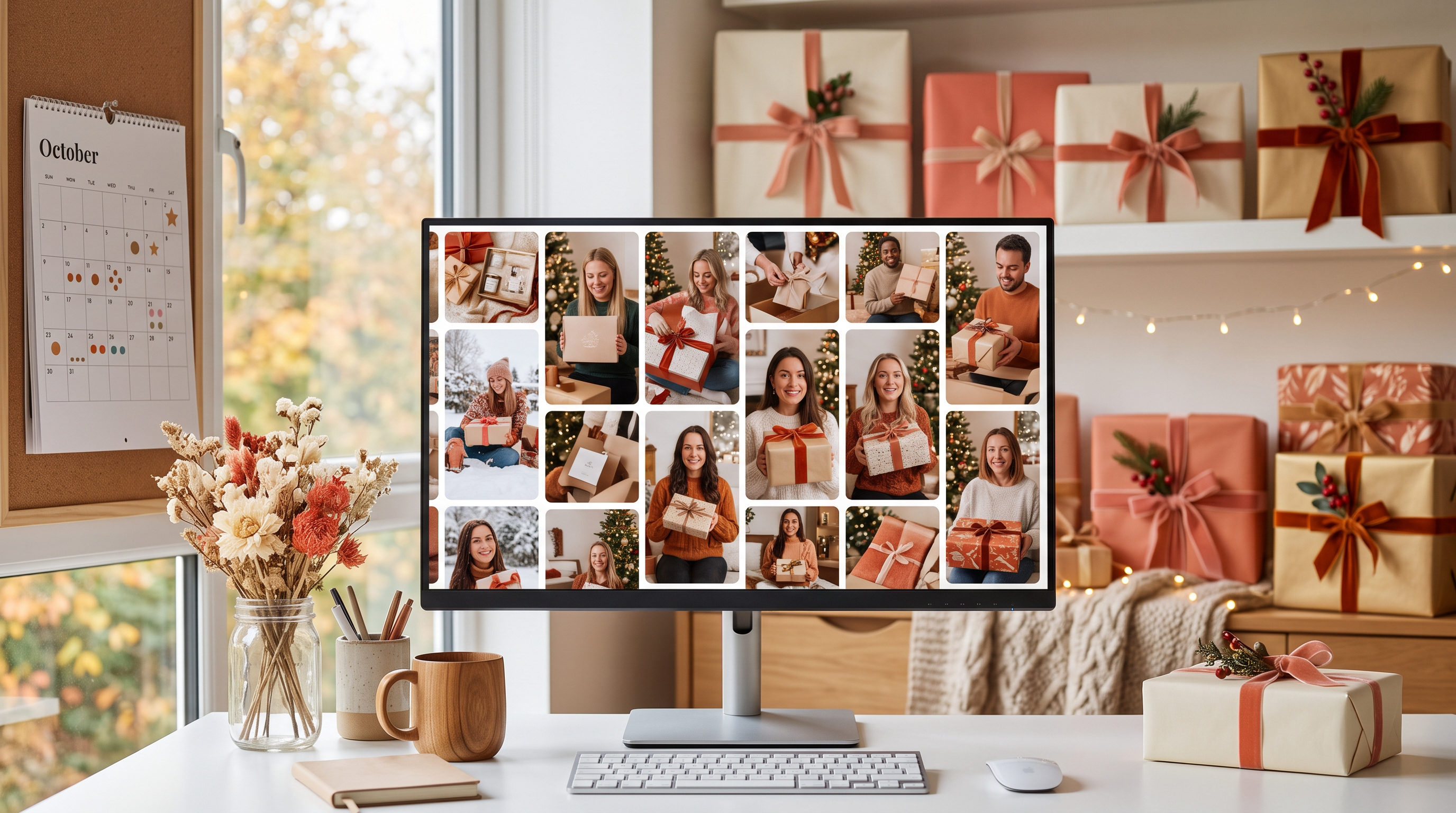 Planejamento de criativos de Natal para e-commerce, grade de thumbnails de vídeos UGC no monitor, produtos embalados ao fundo, agenda de outubro à vista, paleta creme e coral, luz natural