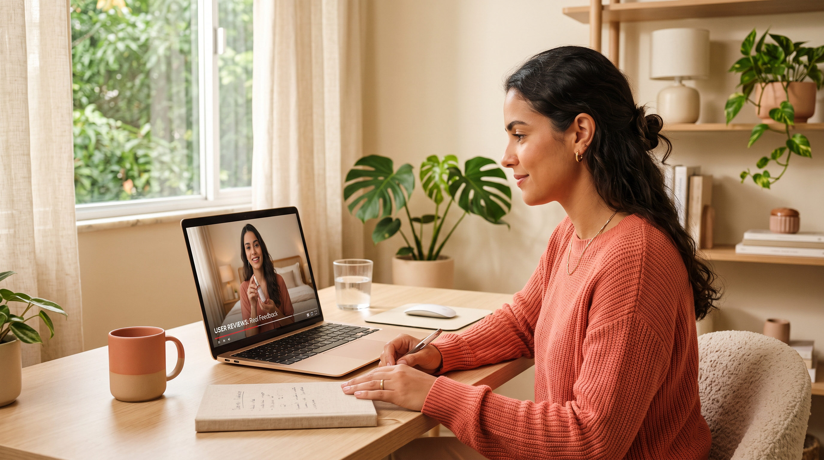 Profissional de e-commerce brasileiro analisando anúncio UGC com avatar gerado por IA no computador, ambiente de home office, luz natural, paleta creme e coral