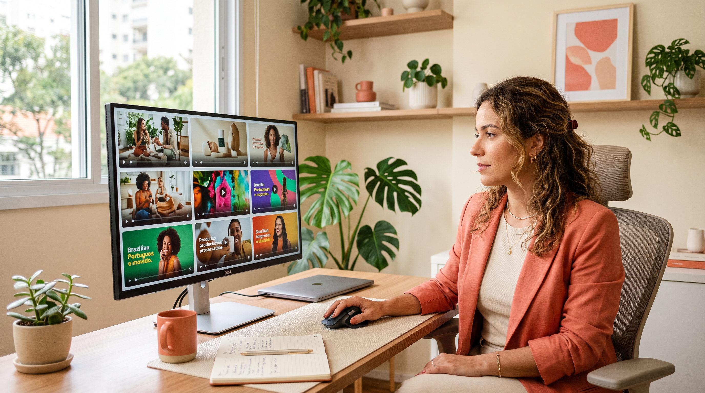 Gestora de e-commerce analisando criativos em rotação no gerenciador do Meta Ads, monitor com múltiplos vídeos em grade, home office, luz natural, paleta creme e coral