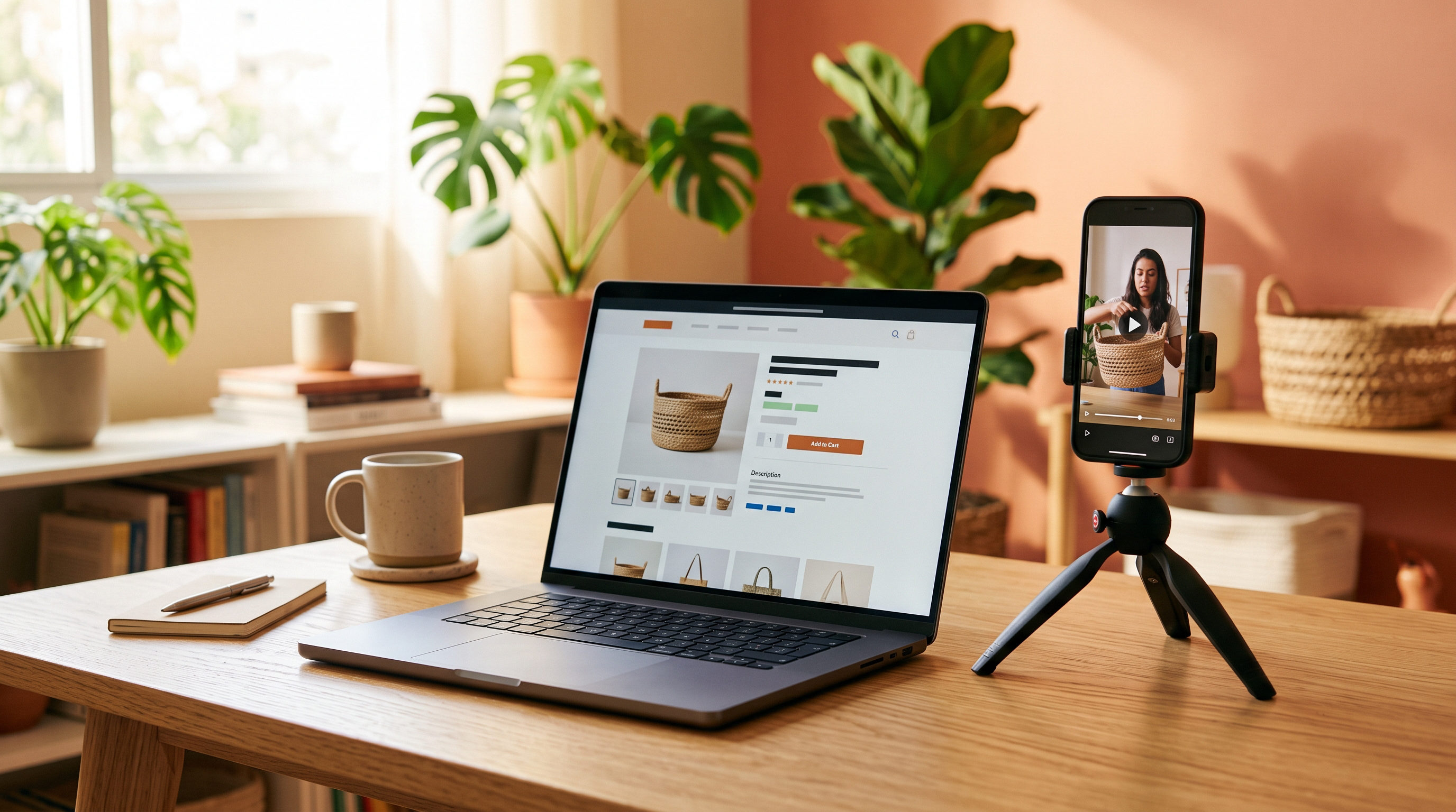 Vídeo de produto Shopify: notebook com a página do produto e celular exibindo o criativo em 9:16