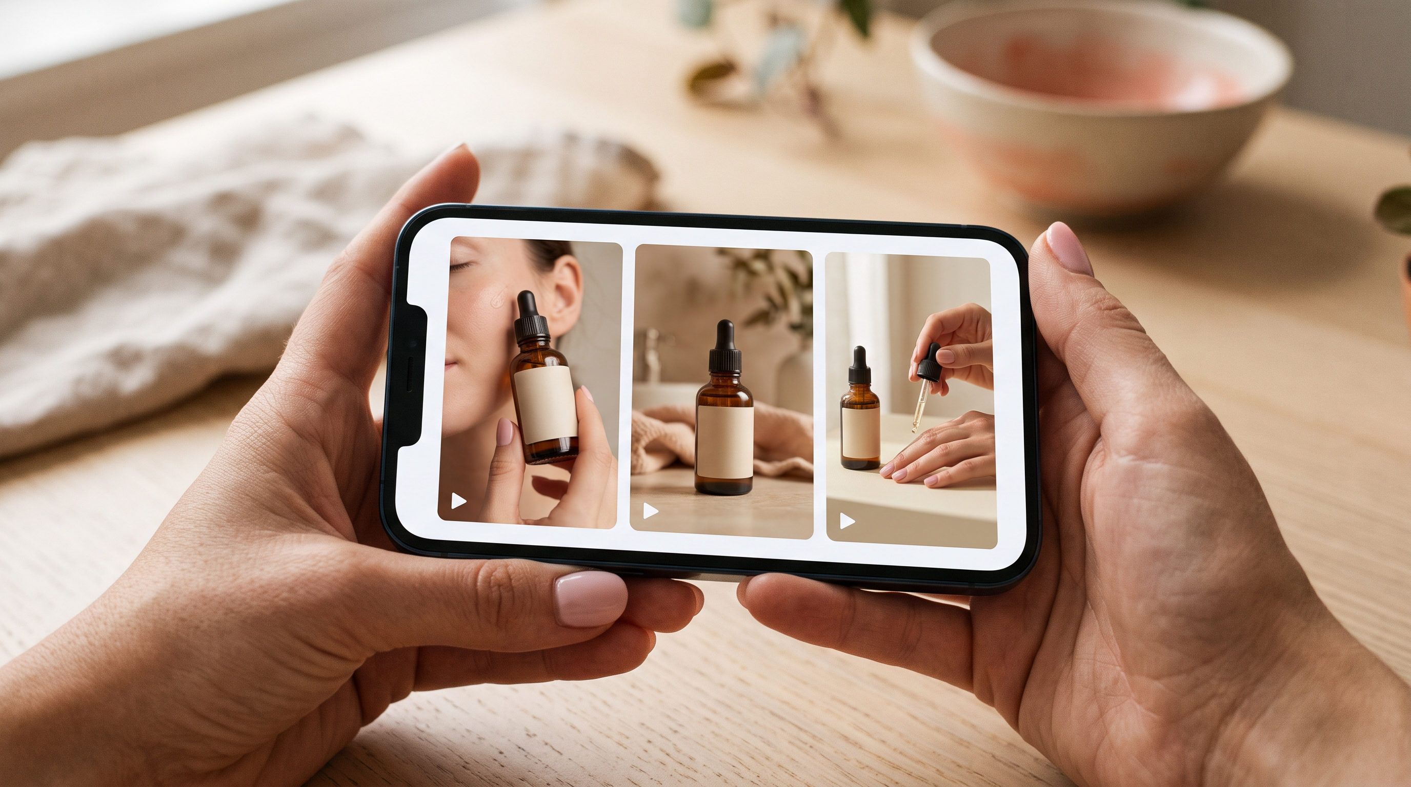 Vídeo de produto Shopify: três variações de hook do mesmo produto na tela do celular
