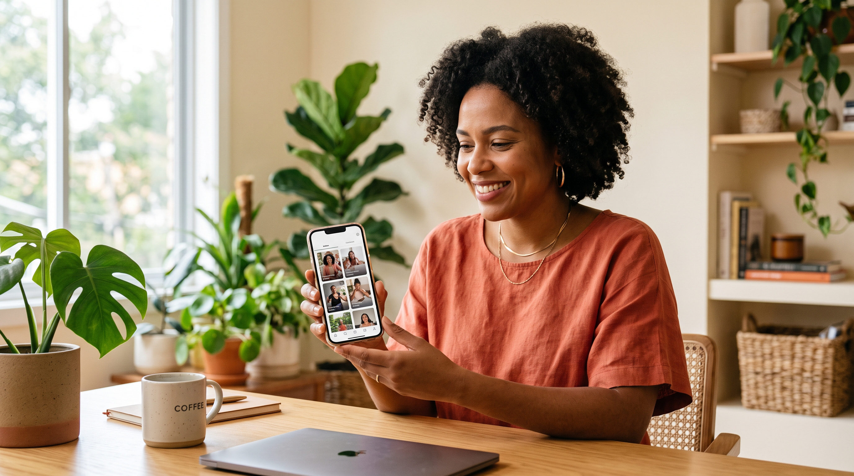 Empreendedora de e-commerce em mesa moderna com smartphone mostrando dashboard de criação de vídeo, paleta creme e coral, luz natural, sem texto