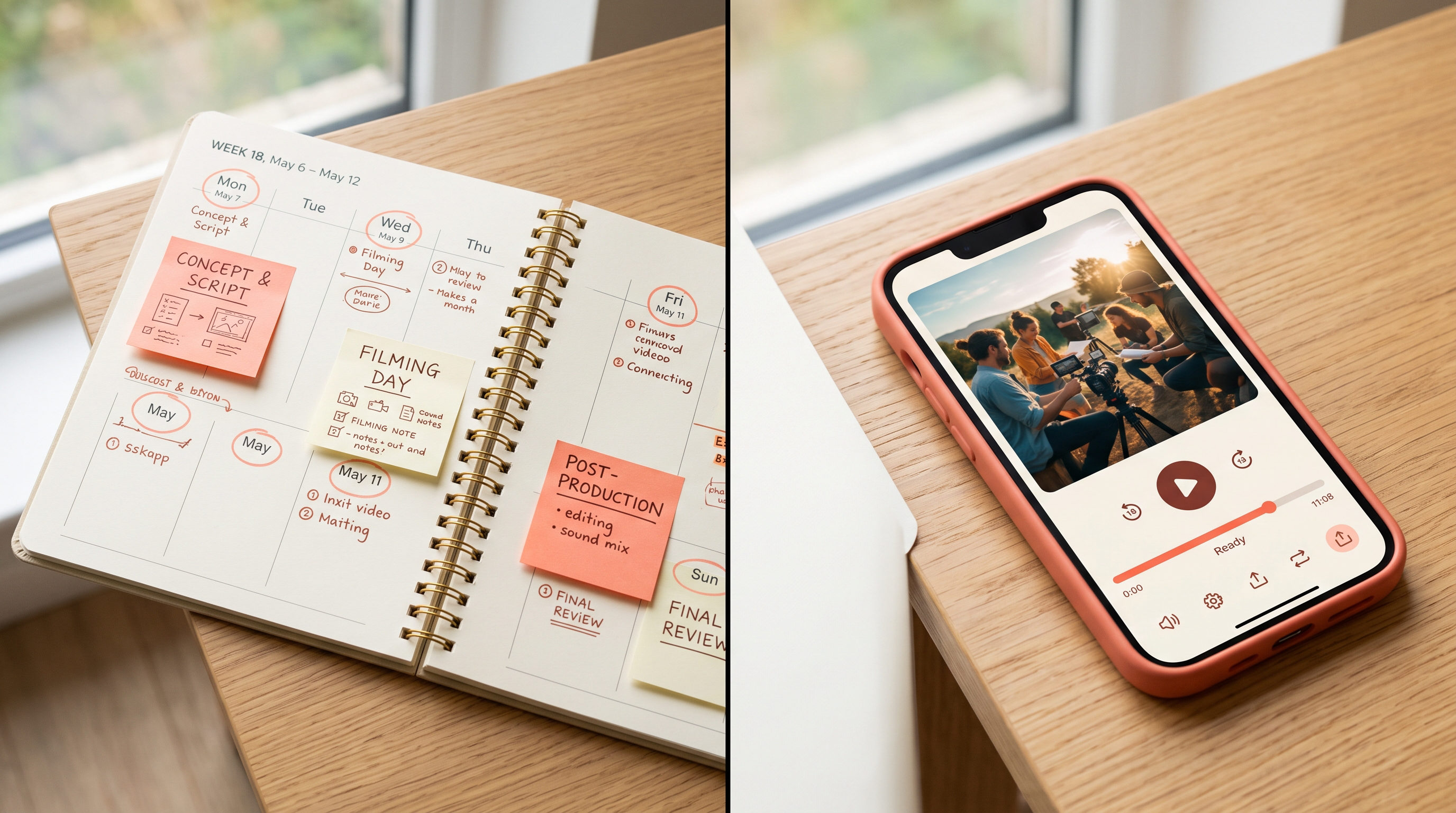 Comparação de produção UGC: agenda com prazo de semanas ao lado de celular mostrando vídeo gerado, mesa organizada, paleta creme e coral, luz natural