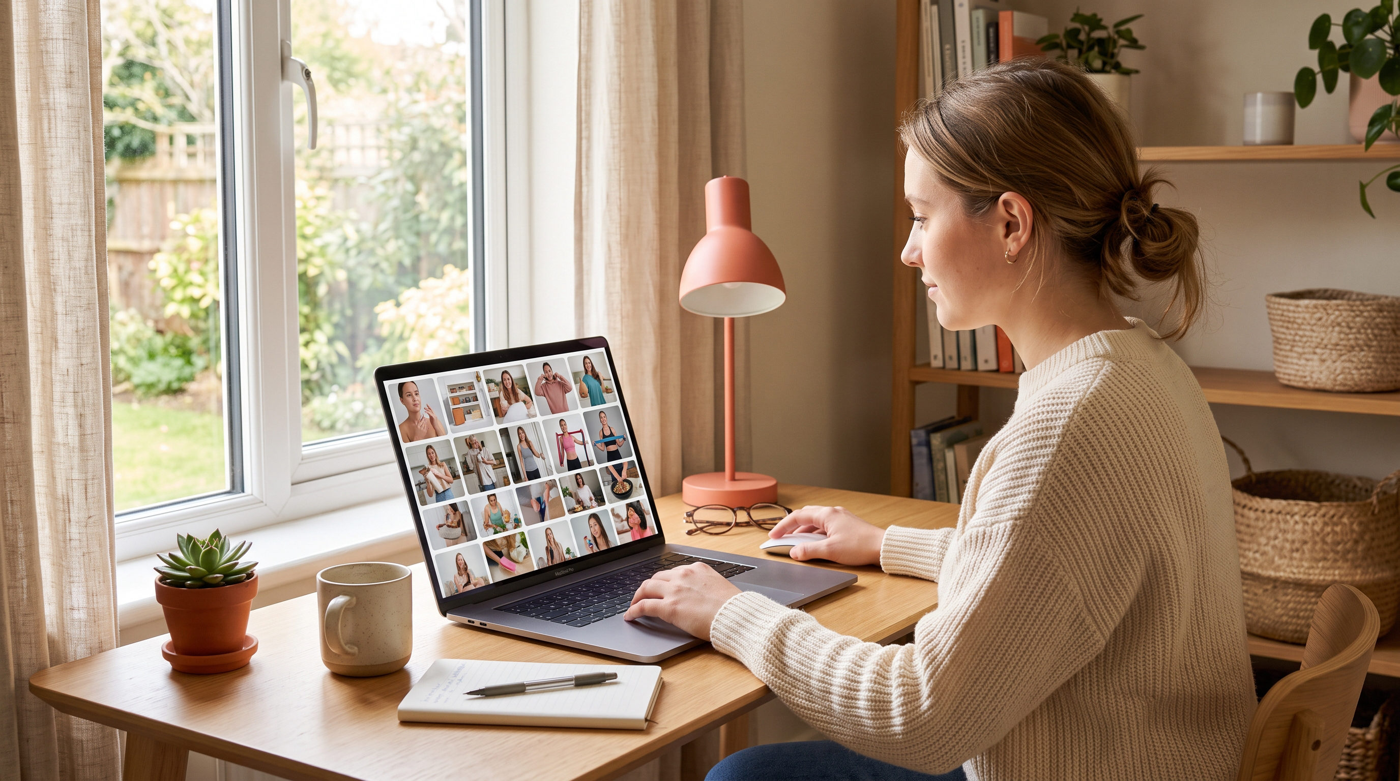Profissional de e-commerce analisando formatos de vídeo UGC em laptop, múltiplos produtos de categorias diferentes na tela, luz natural, ambiente de home office