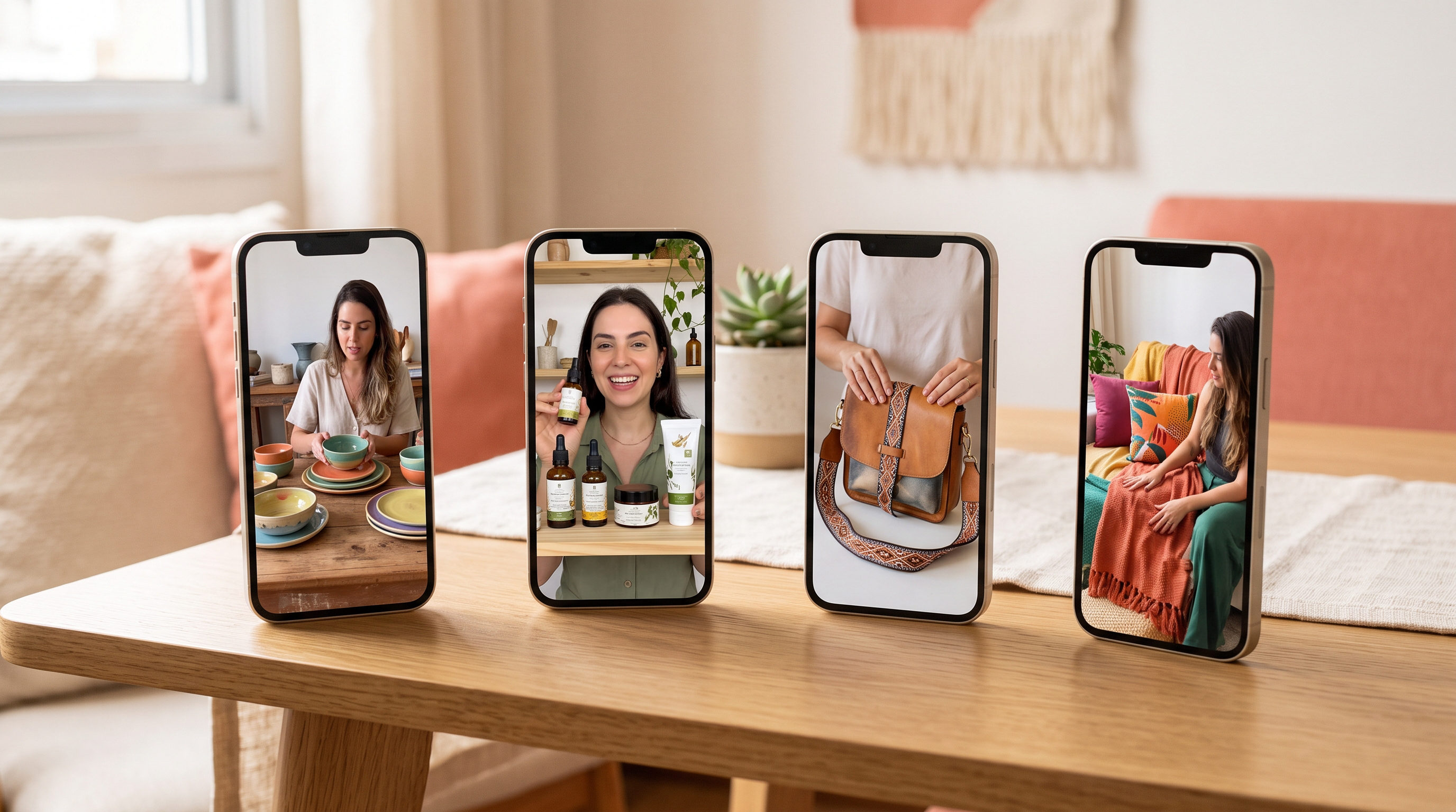 Profissional de e-commerce analisando diferentes formatos de vídeo UGC em tablets e celulares, mesa de trabalho organizada, luz natural, paleta creme e coral