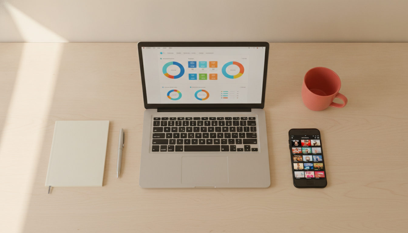 Gestora de e-commerce analisando custos de criativos no computador, mesa organizada com celular e bloco de notas, luz natural