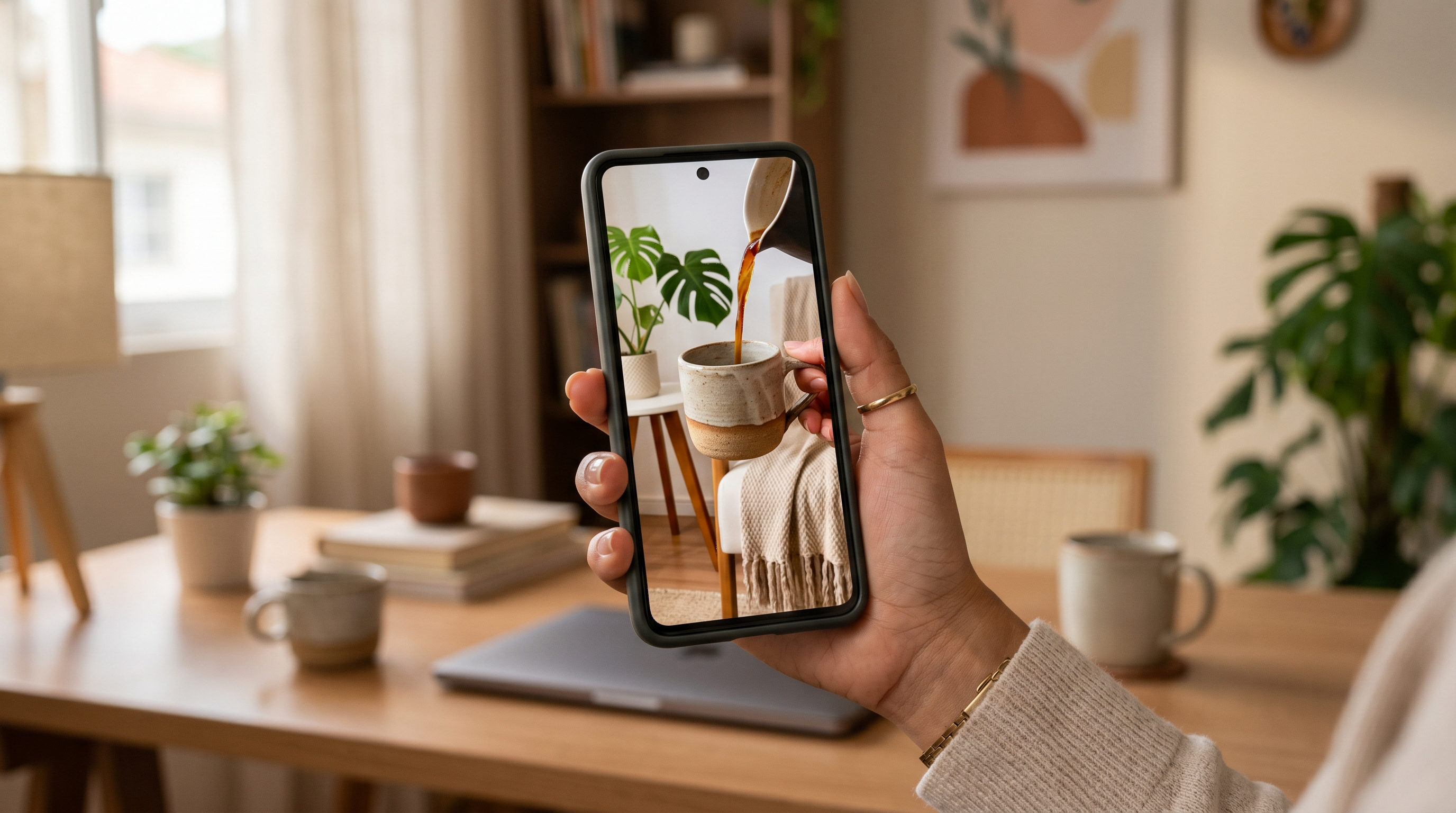 Mão segurando celular exibindo um vídeo UGC de produto gerado por IA