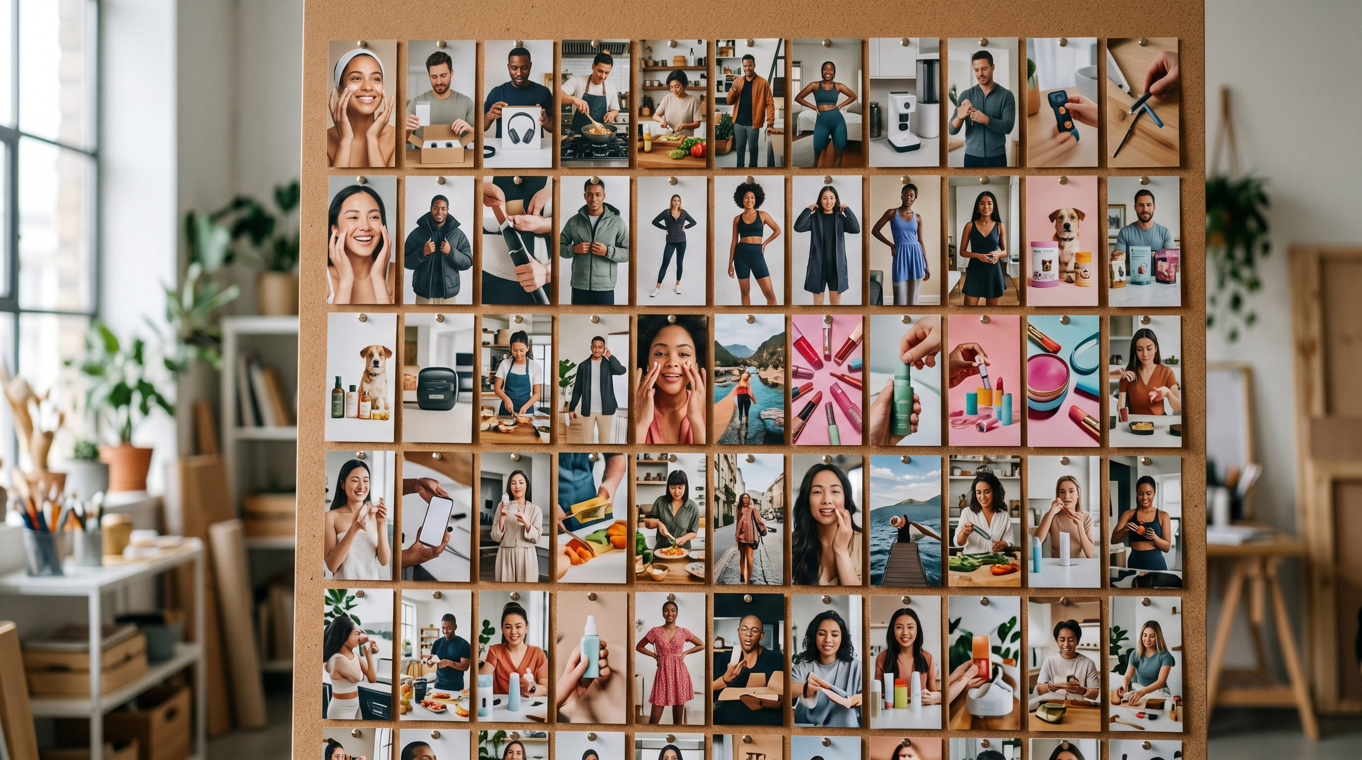 Mural com dezenas de variações de criativos de vídeo no estilo UGC