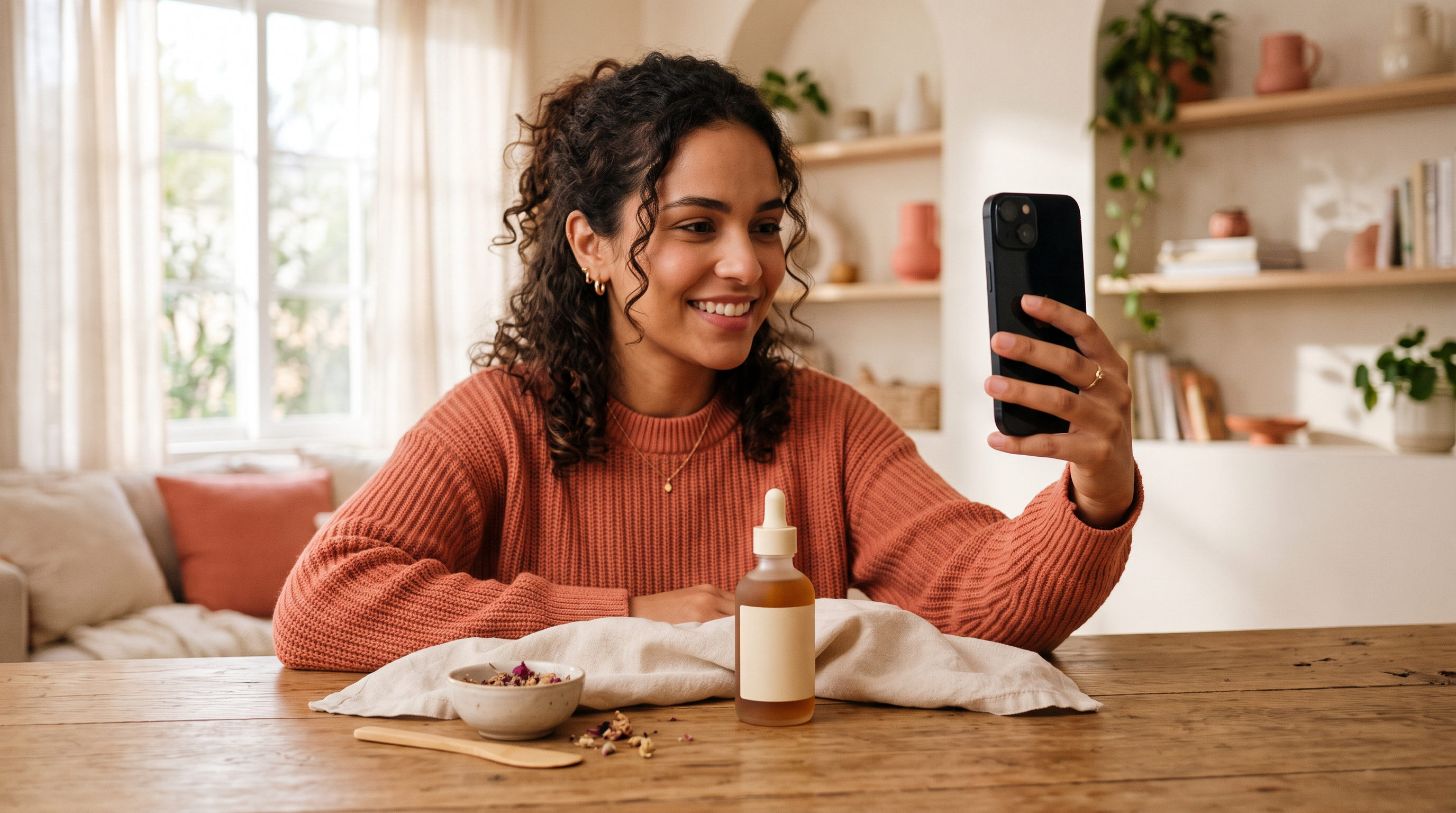 Pessoa segurando celular e gravando vídeo UGC de produto de skincare, ambiente doméstico iluminado, paleta creme e coral, luz natural, sem texto