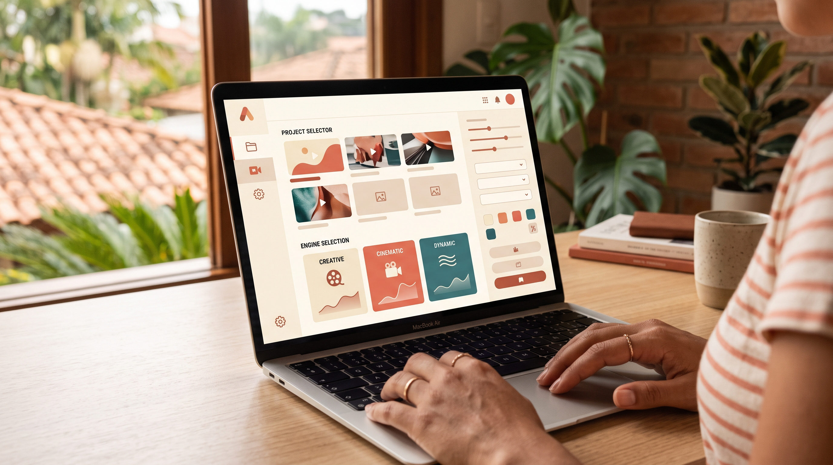 Profissional de e-commerce brasileira comparando vídeos gerados por diferentes modelos de IA em monitor, mesa organizada, luz natural, paleta creme e coral