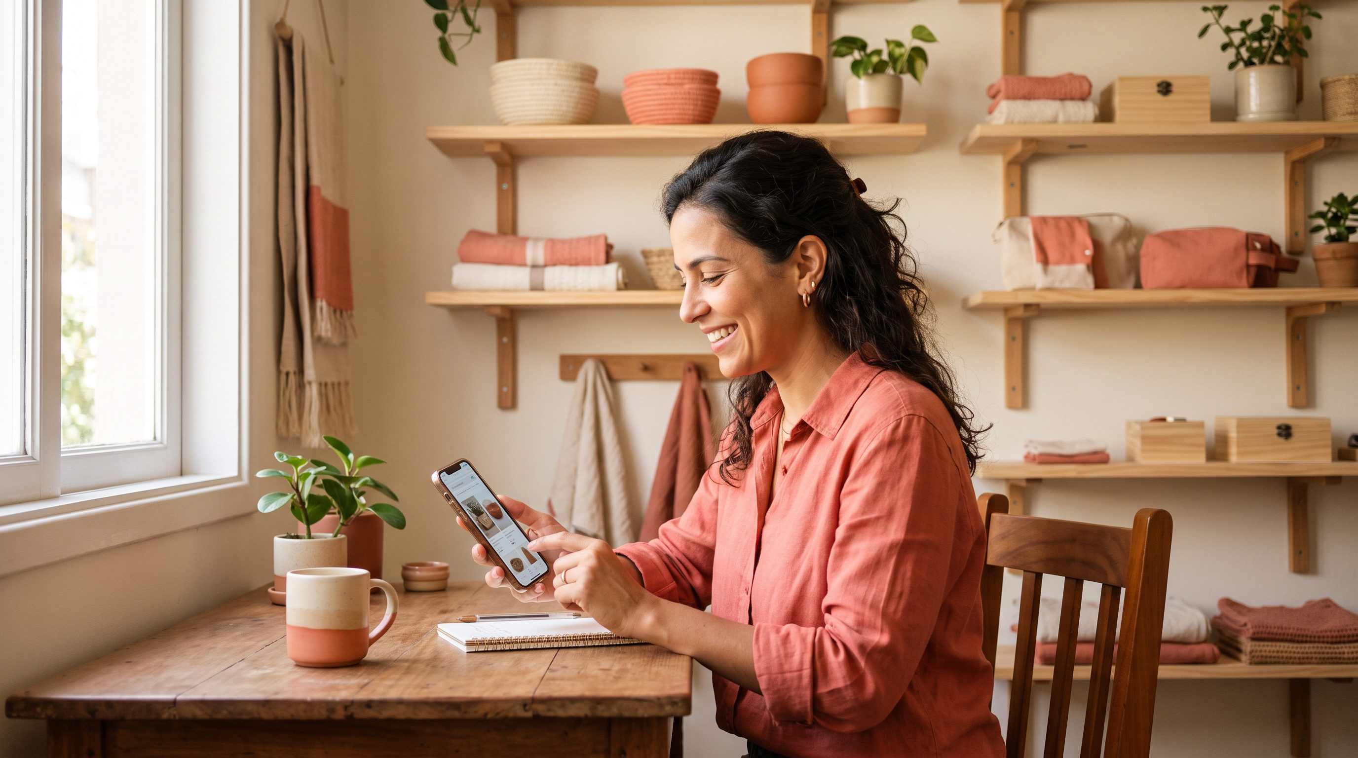 Vendedora brasileira configurando loja no TikTok Shop no celular, produtos de e-commerce ao fundo, ambiente doméstico organizado, luz natural, paleta creme e coral