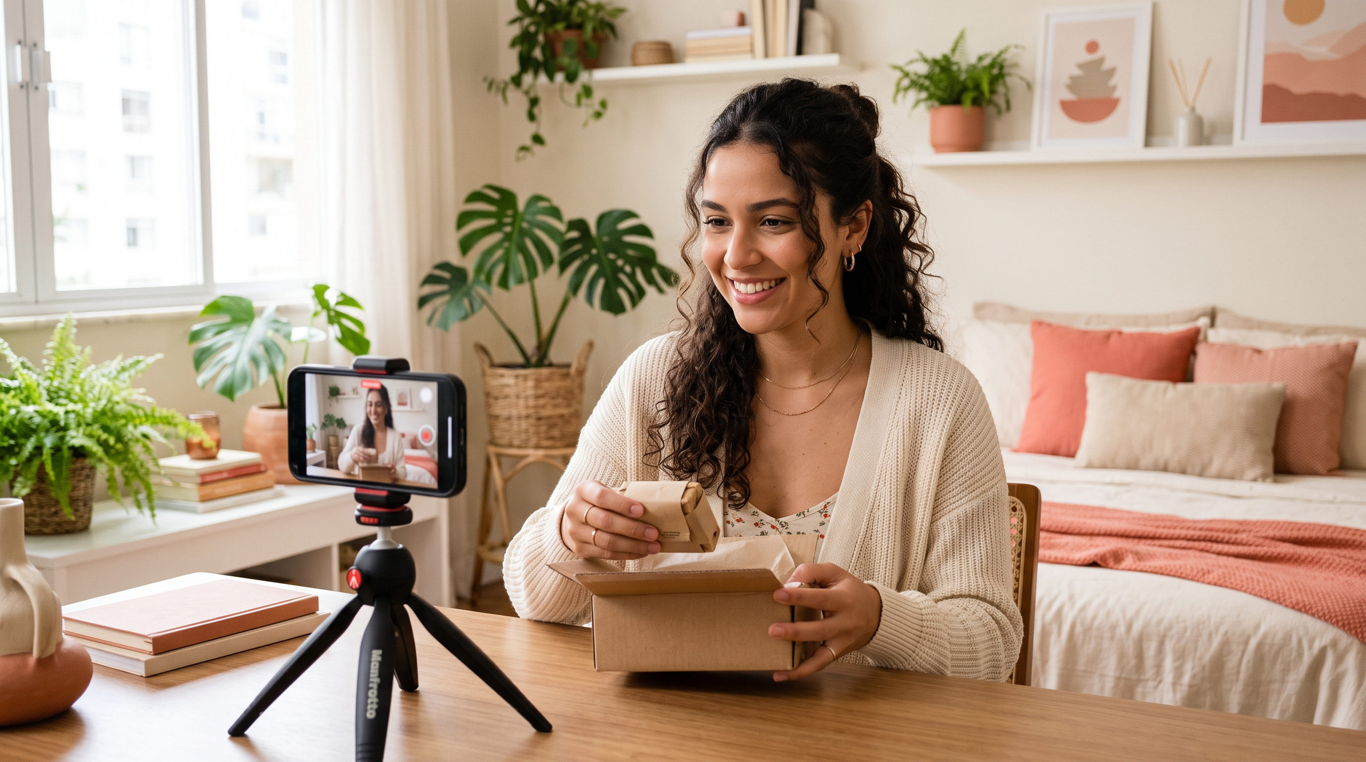 Criadora de conteúdo brasileira gravando unboxing de produto de e-commerce para TikTok Shop, quarto iluminado com luz natural, paleta creme e coral, atmosfera casual e autêntica